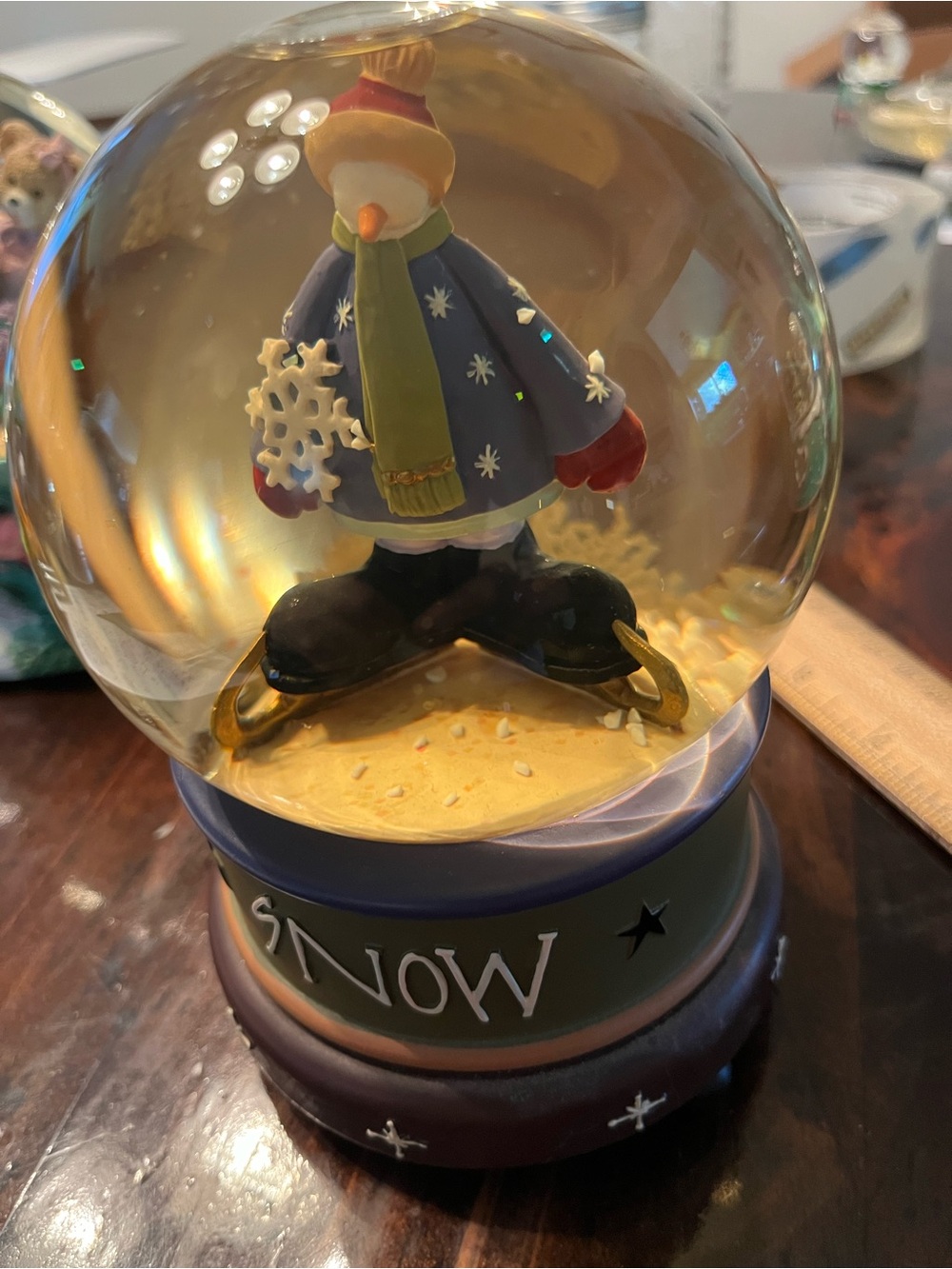 Winter Snowman Snow Globe - Blue & Green Holiday Figurine